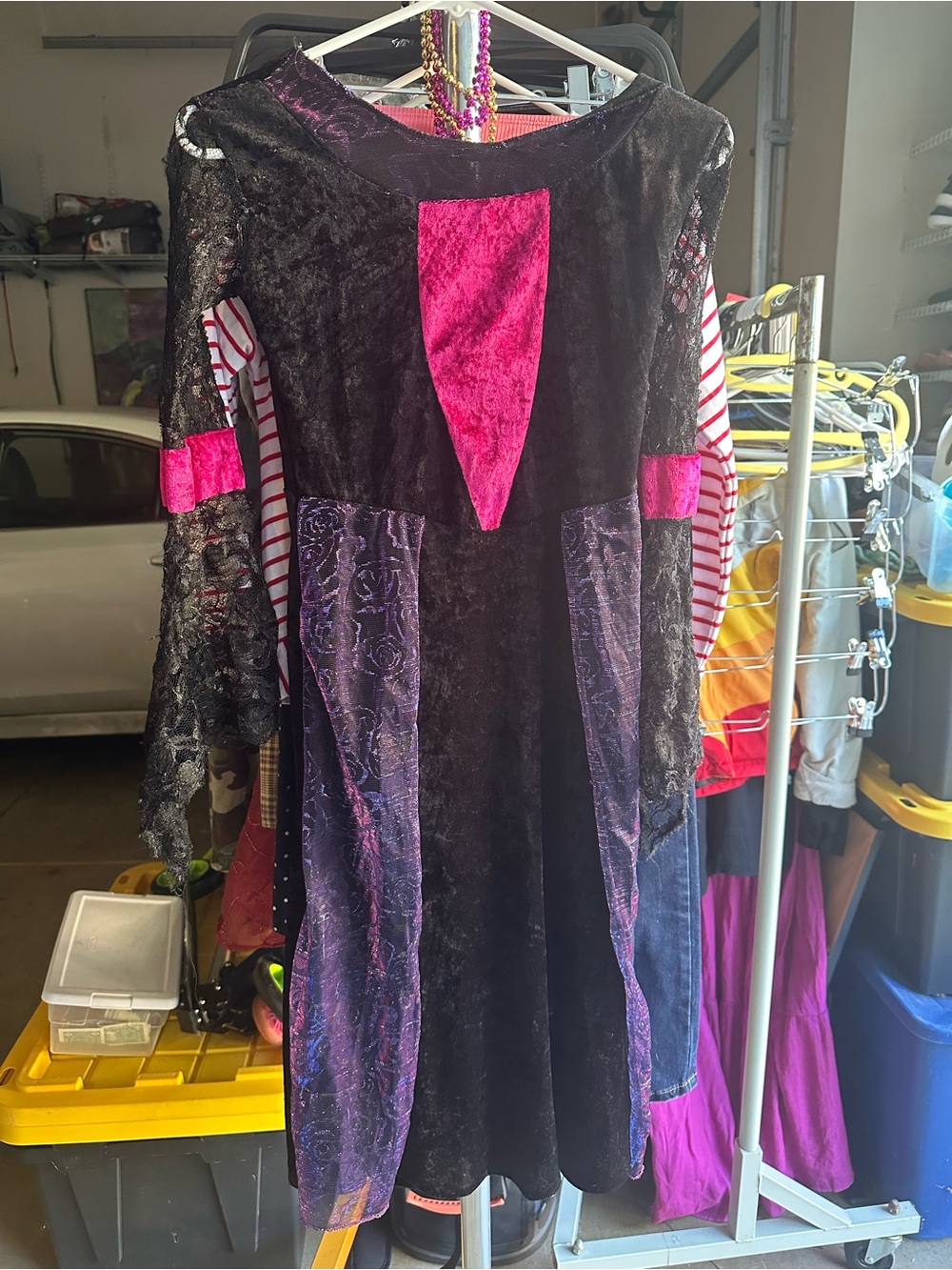 Velvet Gothic-Inspired Black and Purple Dress with Pink Accents